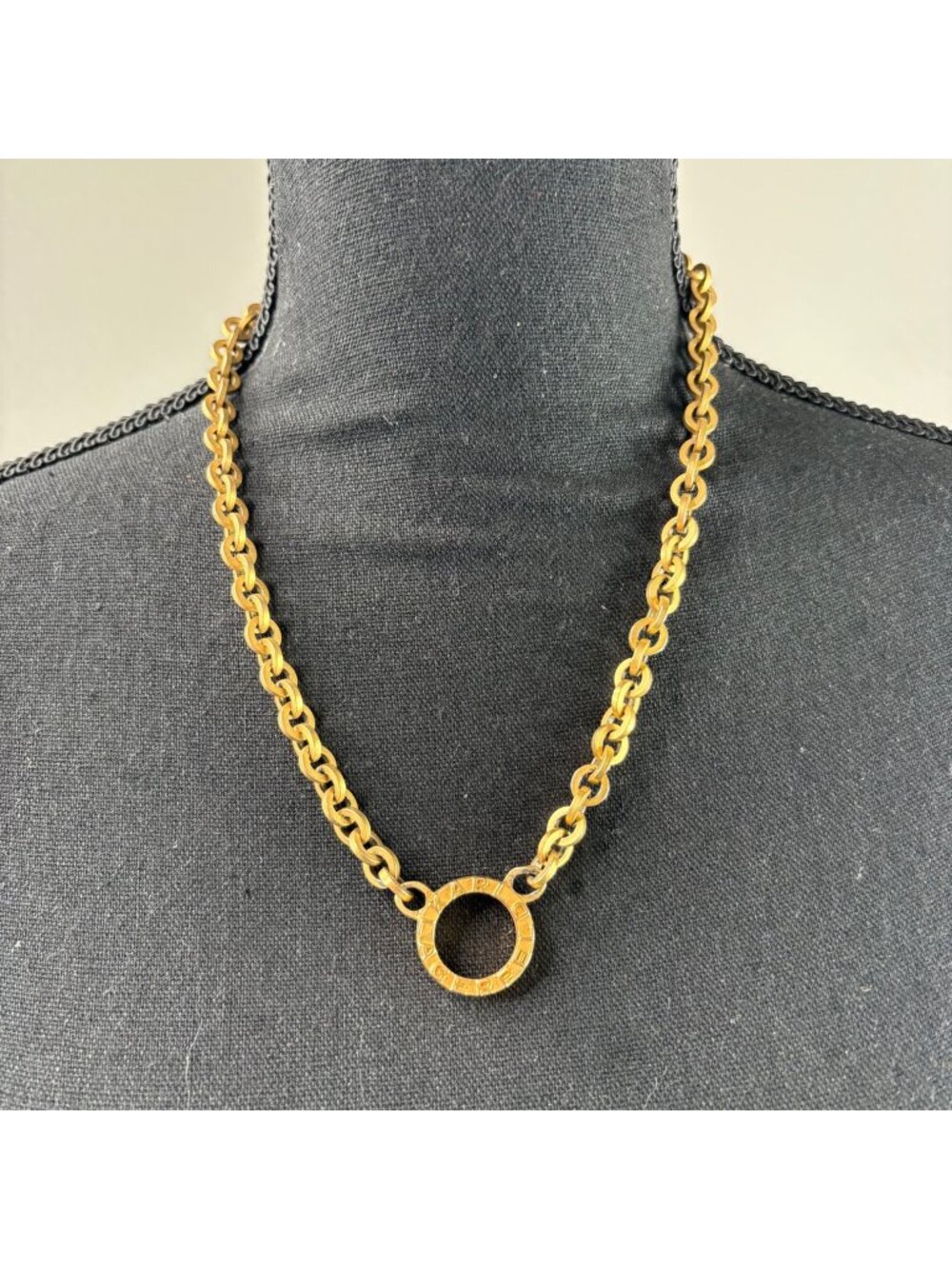 Karl Lagerfeld Vintage Necklace Logo Chunky Brushed Gold 80's Flaw